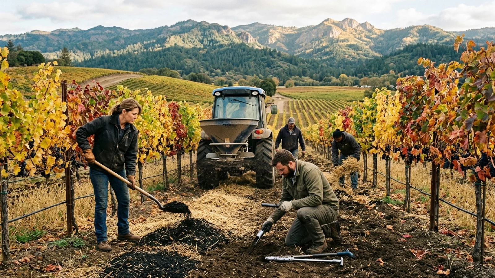 Viticulturists and soil scientists in an autumn Napa Valley vineyard in Oakville spreading dark organic biochar compost between grapevines