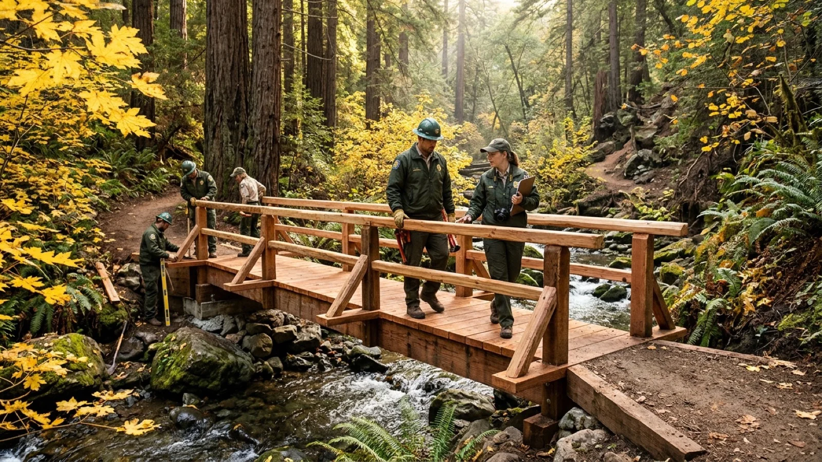 State park trail crew and naturalists inspecting a newly built redwood timber footbridge spanning Ritchey Creek in Bothe-Napa Valley State Park near Calistoga