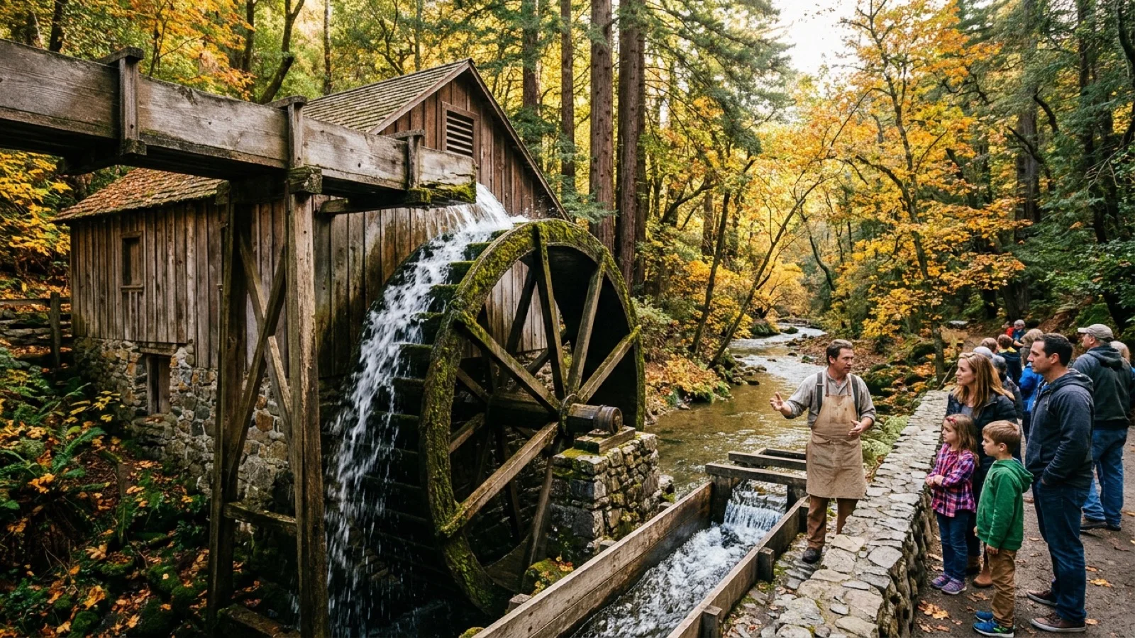 Historic park miller and visitors watching clear creek water turn the giant 36-foot wooden waterwheel outside the 1846 Bale Grist Mill near St. Helena