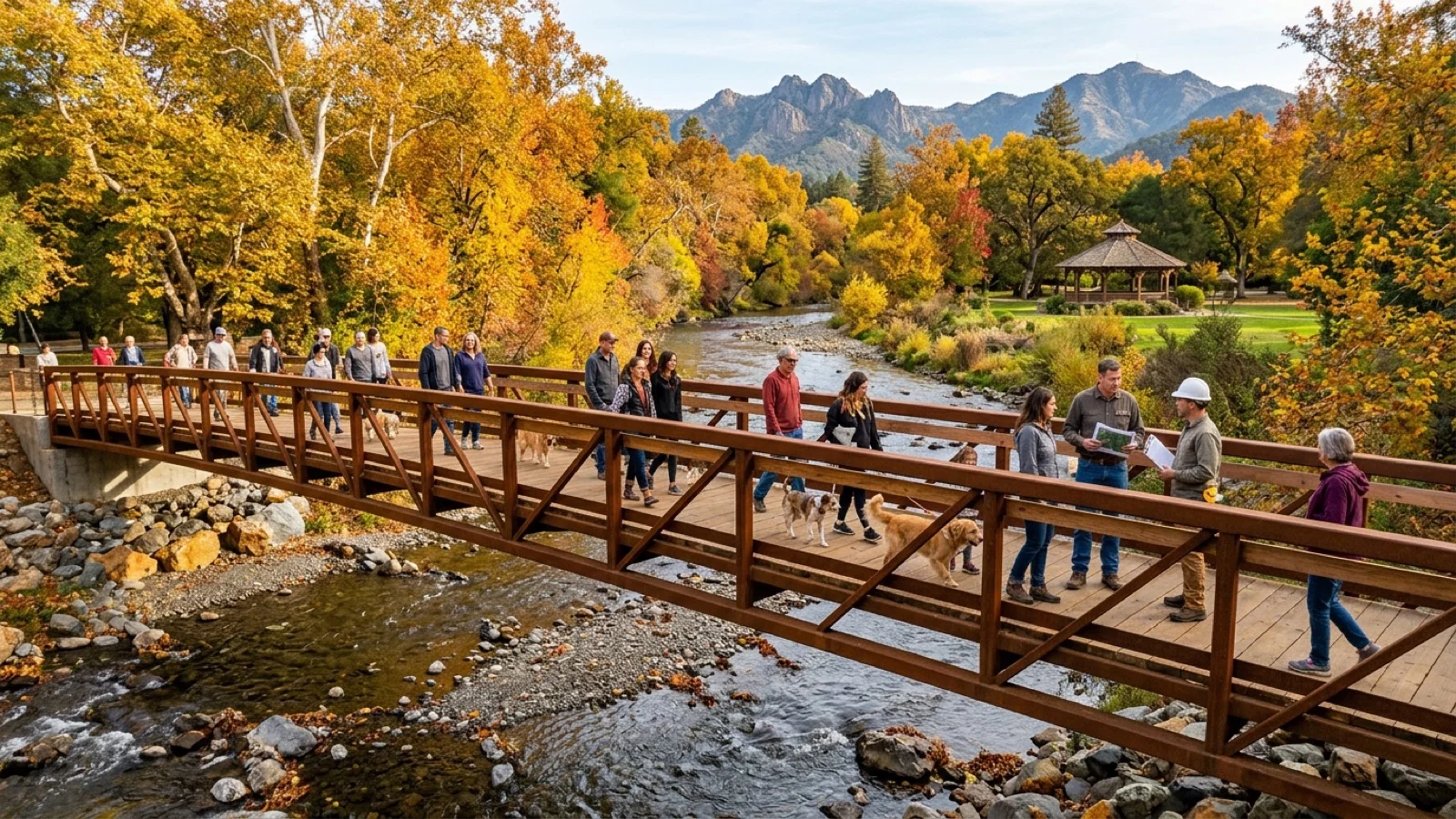 Residents and engineers crossing a newly retrofitted weathered Corten-steel and redwood pedestrian footbridge over the upper Napa River at Pioneer Park in Calistoga