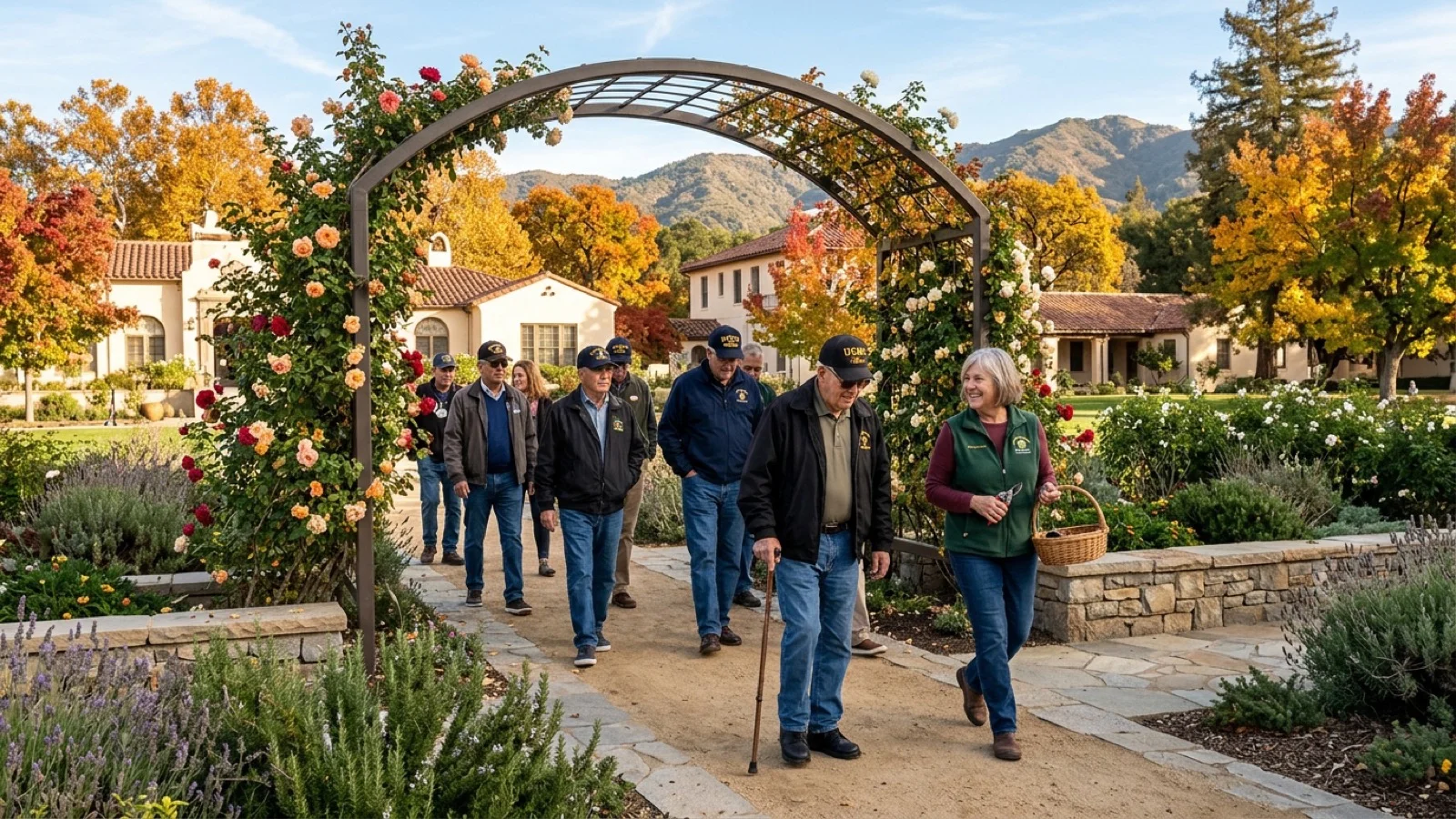 Veterans, volunteer gardeners, and town officials strolling along an accessible garden path beneath a restored steel rose arbor at the Yountville Veterans Home in Napa Valley