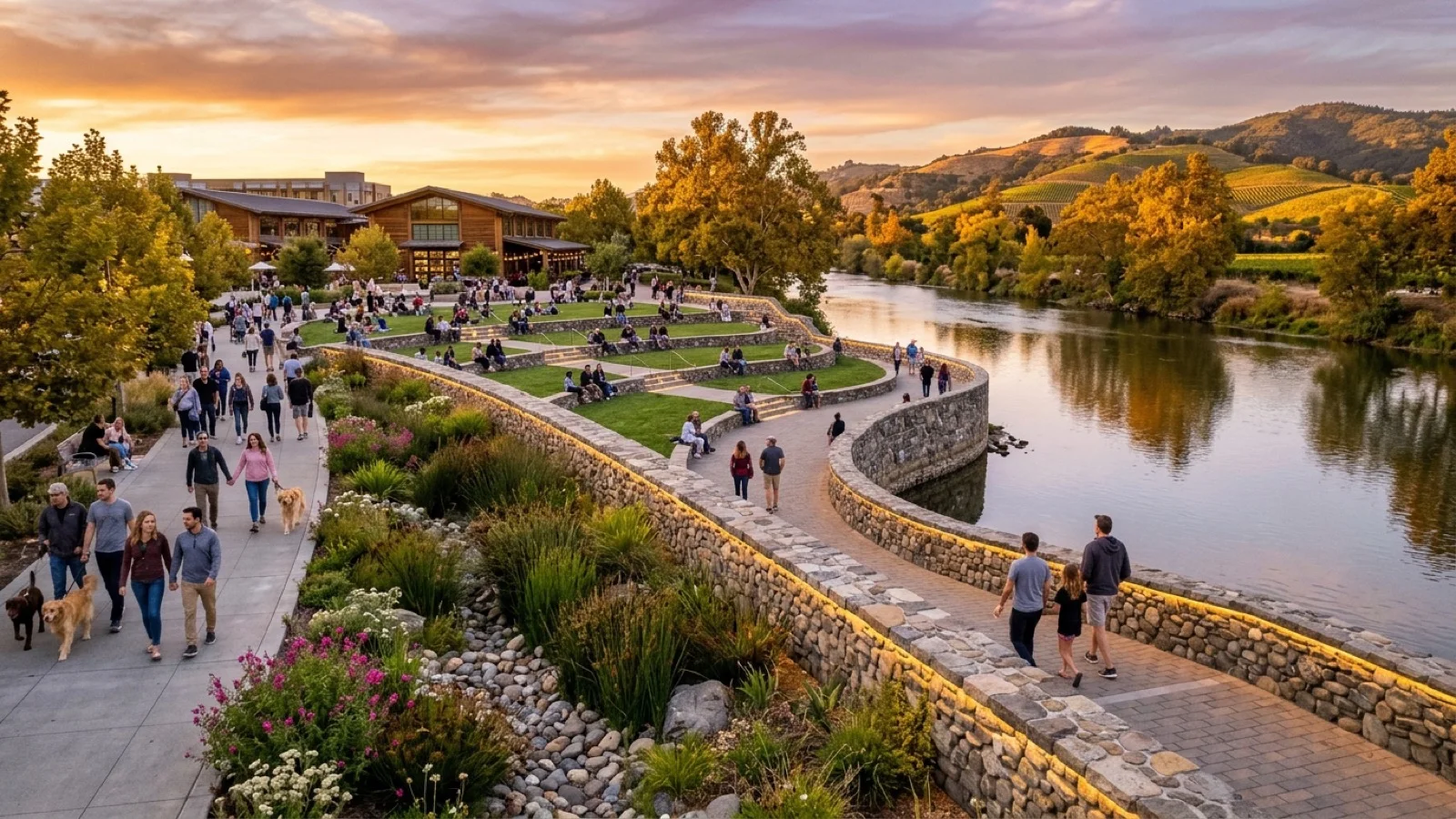 Residents strolling along an illuminated stone floodwall promenade and native river-stone rain garden overlooking the Napa River at Oxbow Commons in downtown Napa at dusk