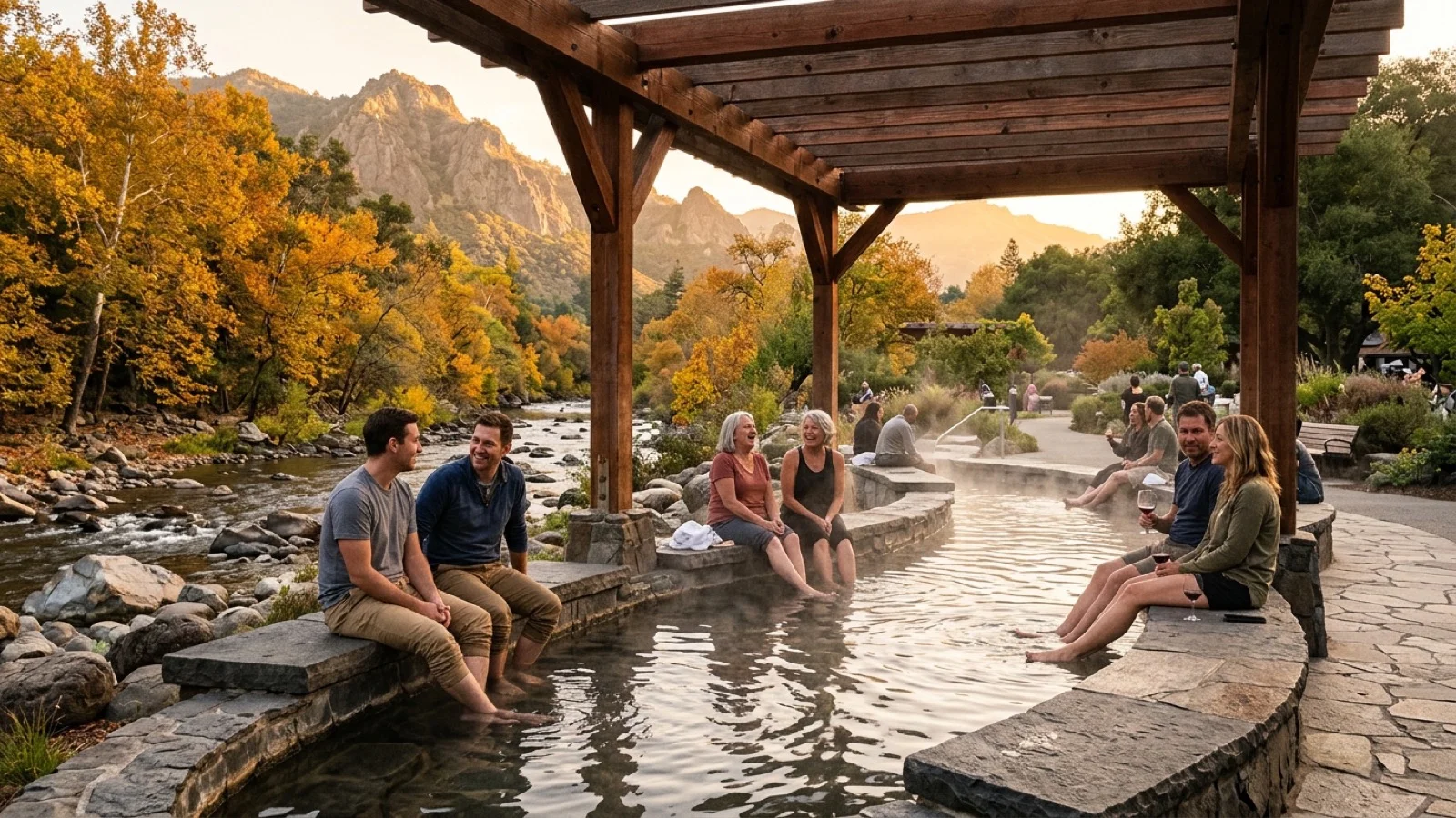 Visitors sitting on stone benches soaking their feet in a shallow steaming natural mineral-water basalt basin beneath a redwood pergola beside the Napa River at Pioneer Park in Calistoga