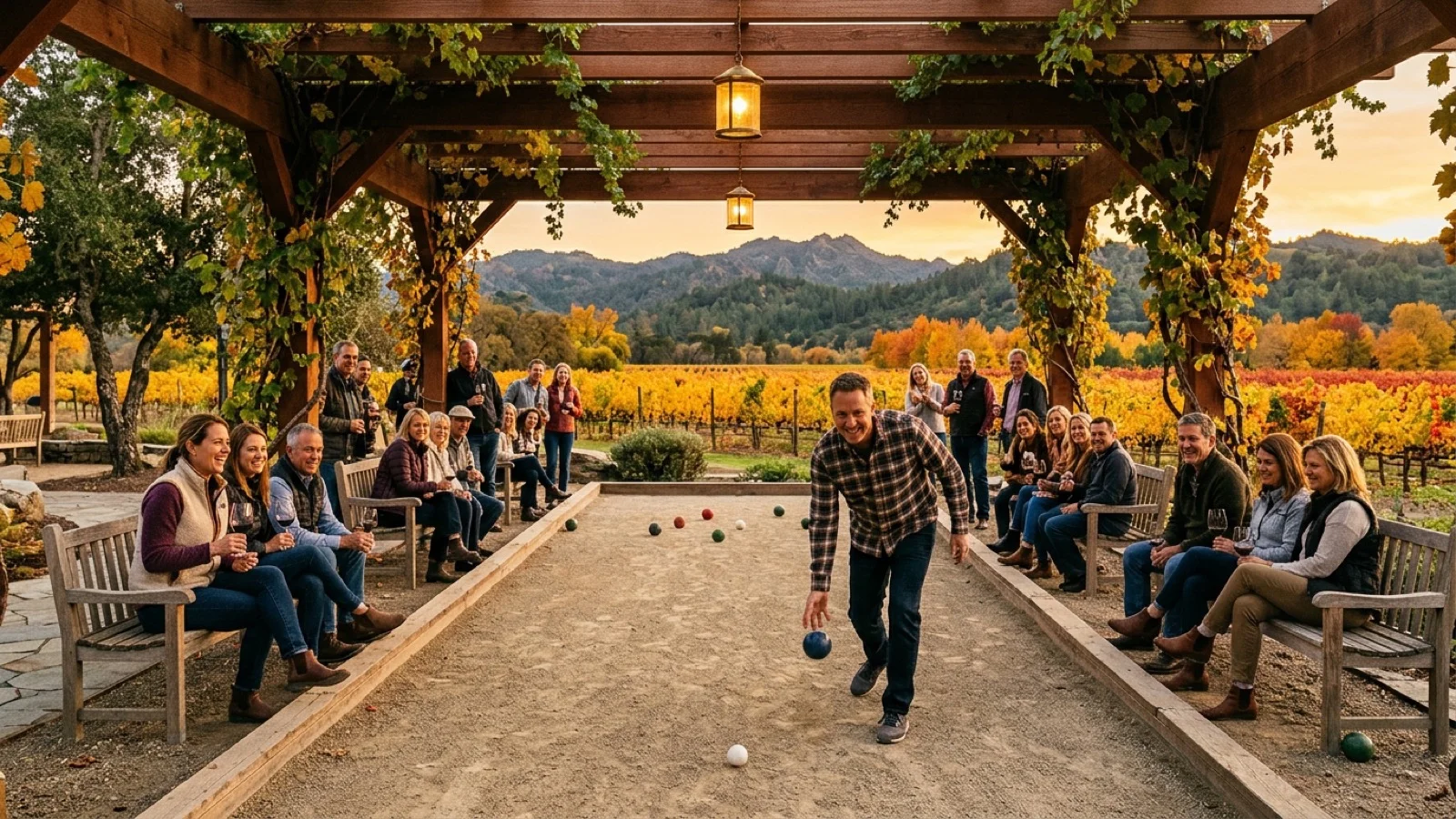 Napa Valley residents playing bocce ball on crushed-oyster-shell courts beneath a redwood timber pergola with warm pendant lights at Veterans Memorial Park in Yountville at golden hour