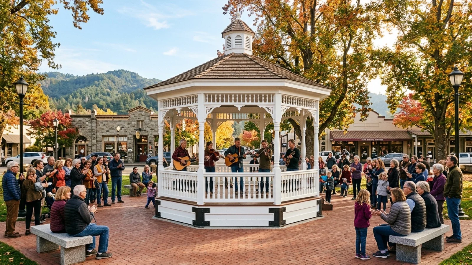 St. Helena residents and acoustic musicians gathered around a restored historic white octagonal wooden bandstand surrounded by a permeable brick plaza at Lyman Park in St. Helena