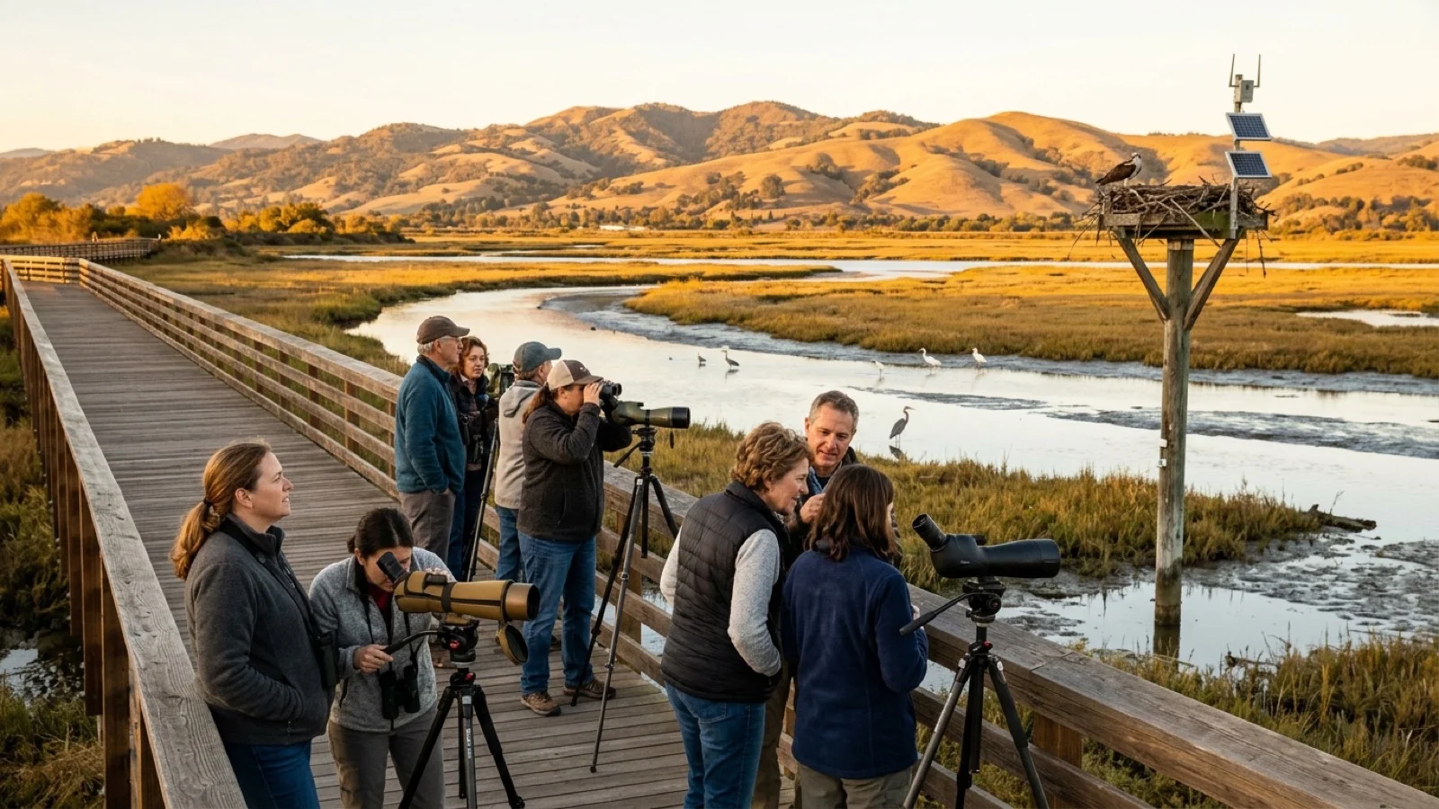 Birdwatchers and families looking through brass spotting scopes on a raised wooden boardwalk overlooking tidal marshlands and an osprey nesting pole at Wetlands Edge Park in American Canyon