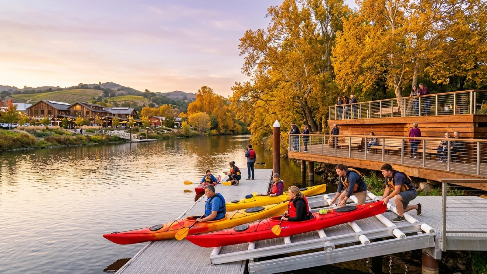 Kayakers launching from a floating aluminum roller dock below a tiered redwood river-overlook deck surrounded by golden autumn cottonwoods along the Napa River at Oxbow Commons in downtown Napa
