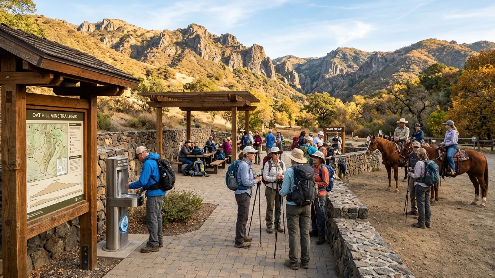 Hikers and equestrians at a volcanic-stone trailhead plaza with a timber shade arbor, chilled water bottle station, and interpretive map kiosk at the foot of the Palisades mountains in Calistoga