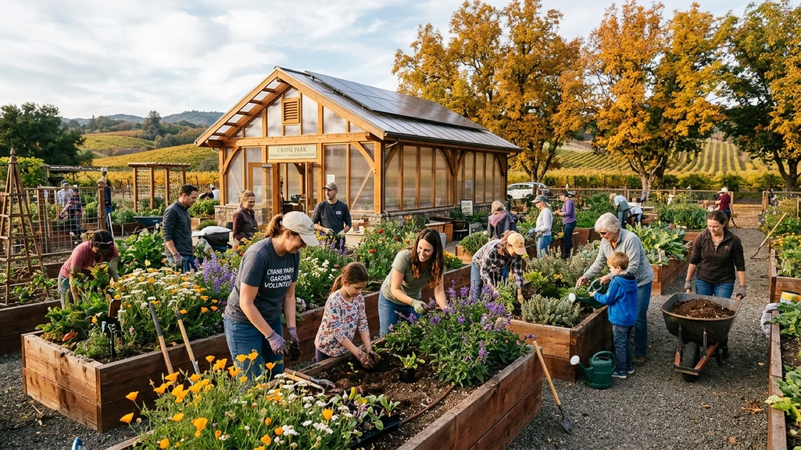 Master gardeners and families tending raised cedar beds of blooming native wildflowers and herbs outside a sunlit cedar-and-polycarbonate solar greenhouse at Crane Park in St. Helena
