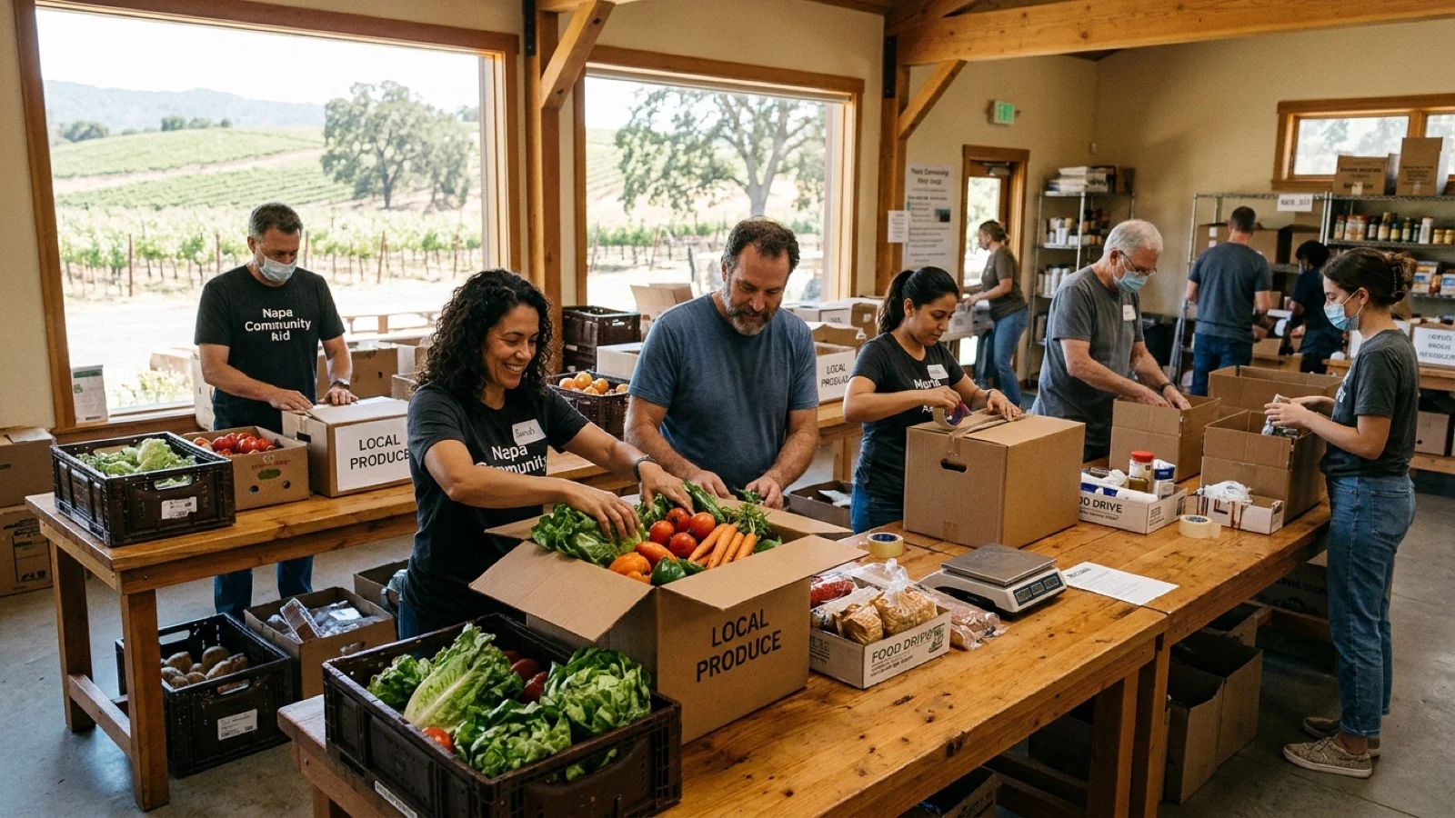 Volunteers packing fresh produce and community supplies at wooden tables in a sunlit Napa Valley hall