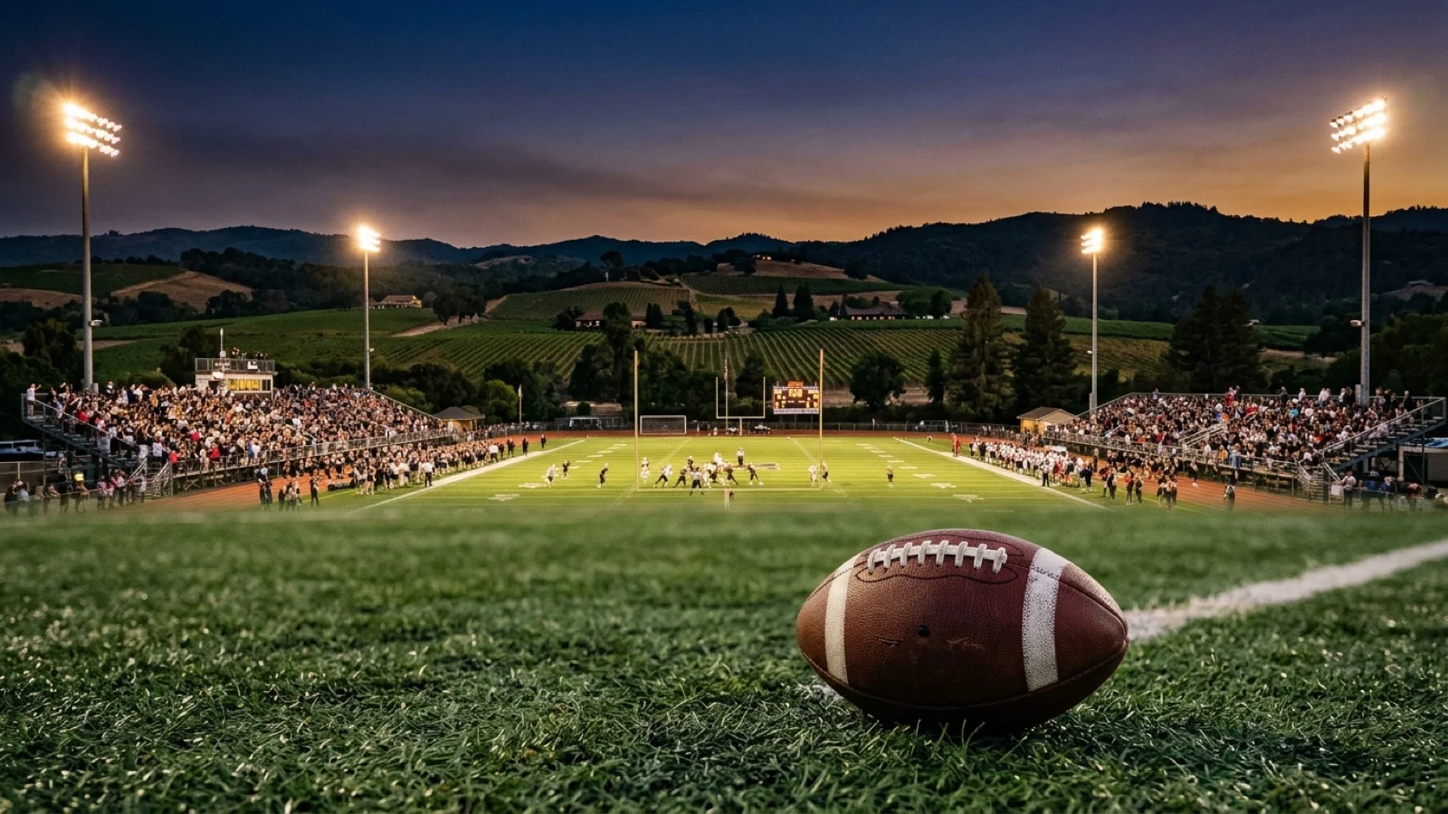 High school football stadium in Napa Valley under Friday night lights with vineyard hills in the distance