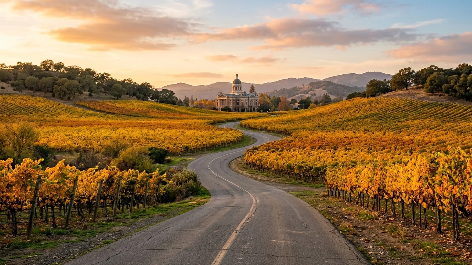 Vineyard road in Napa Valley at golden hour with rolling hills and civic building in distance