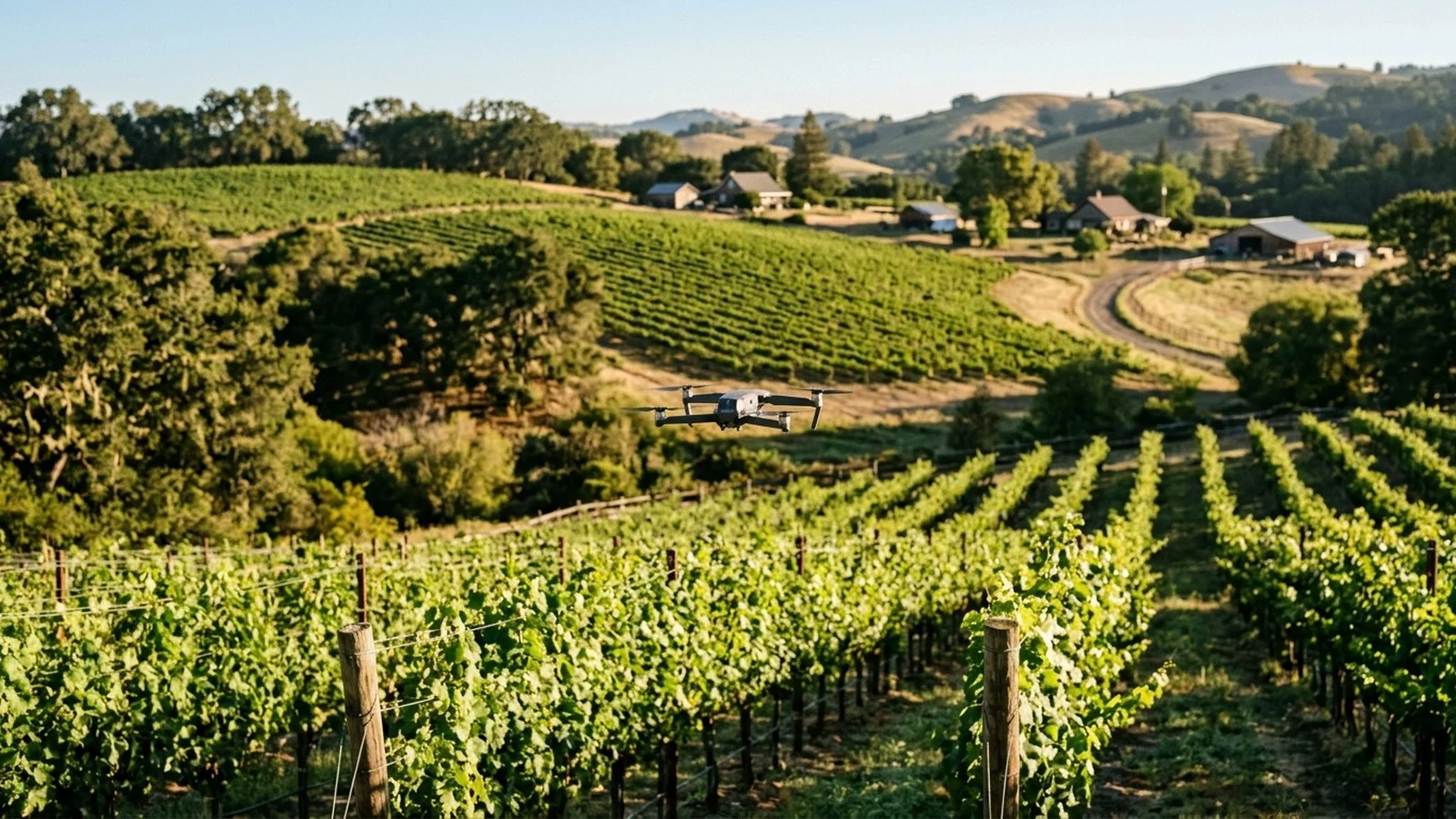 Inspection quadcopter drone flying above Sonoma County vineyards, oak trees, and rural residential properties in Northern California