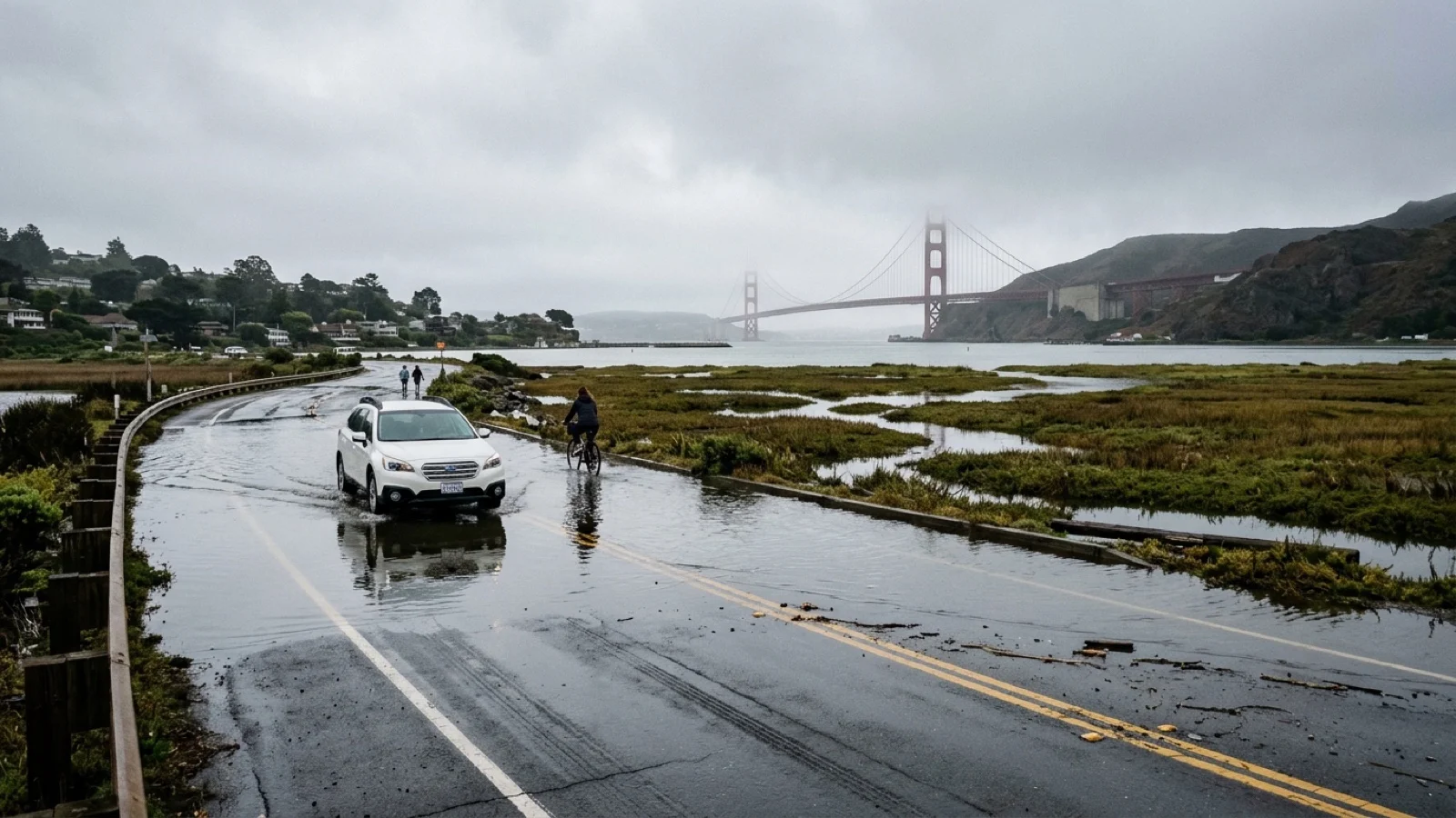 High-tide bay water pooling across a coastal roadway near marshland in Mill Valley with the Golden Gate Bridge visible in morning mist