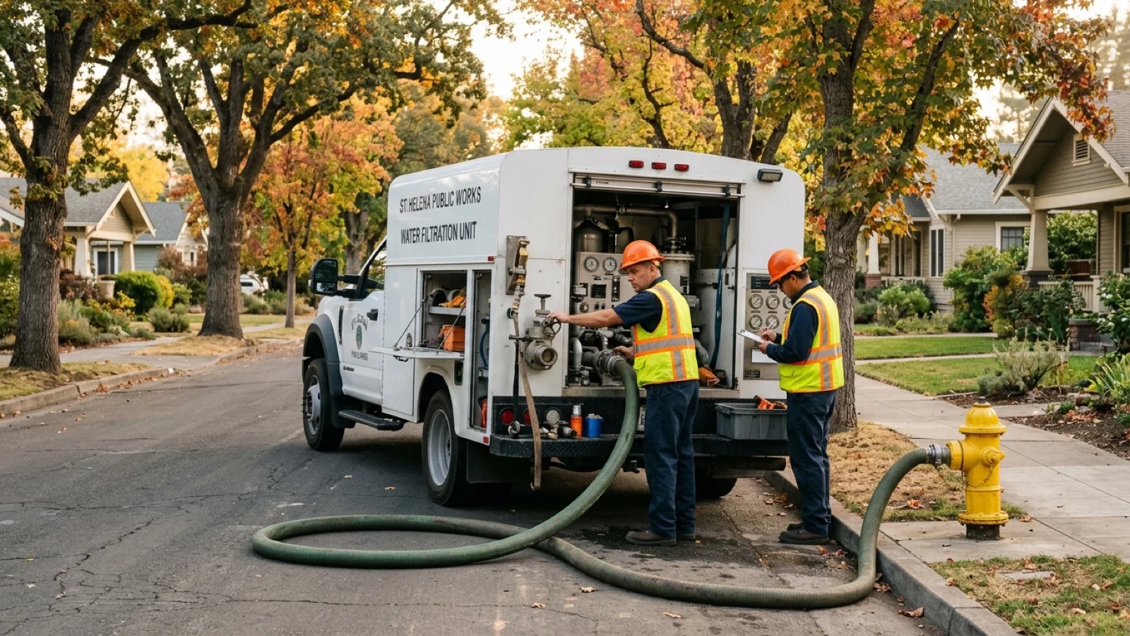 Municipal water utility crew operating a closed-loop zero-discharge water main flushing truck connected to fire hydrants on a tree-lined street in St. Helena, Napa Valley