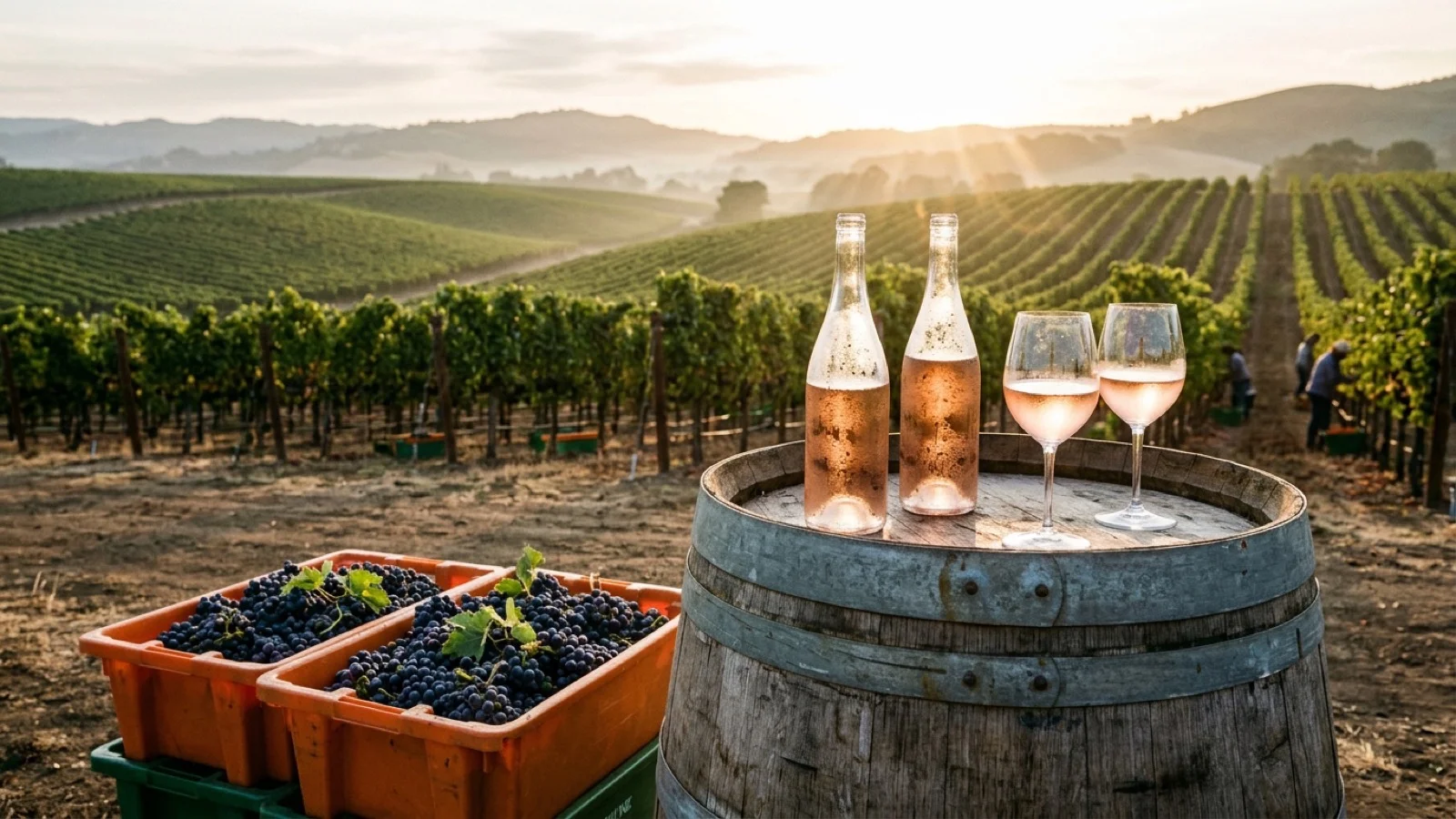 Early morning Pinot Noir vineyard rows in Carneros, Napa Valley with harvest bins of grapes and chilled bottles of rosé wine