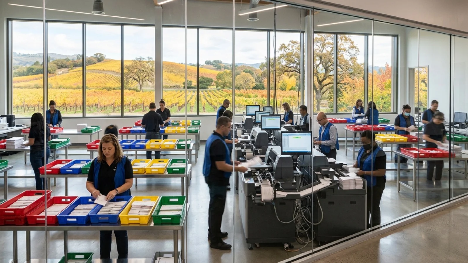 County election ballot sorting trays and optical scanning room in Napa Valley with autumn vineyard hills outside the window