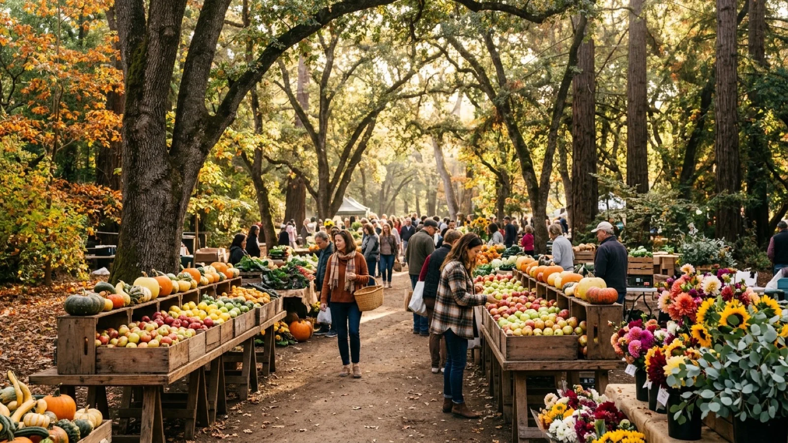 Outdoor autumn farmers market under oak and redwood trees in Crane Park in St. Helena with wooden crates of apples and pumpkins