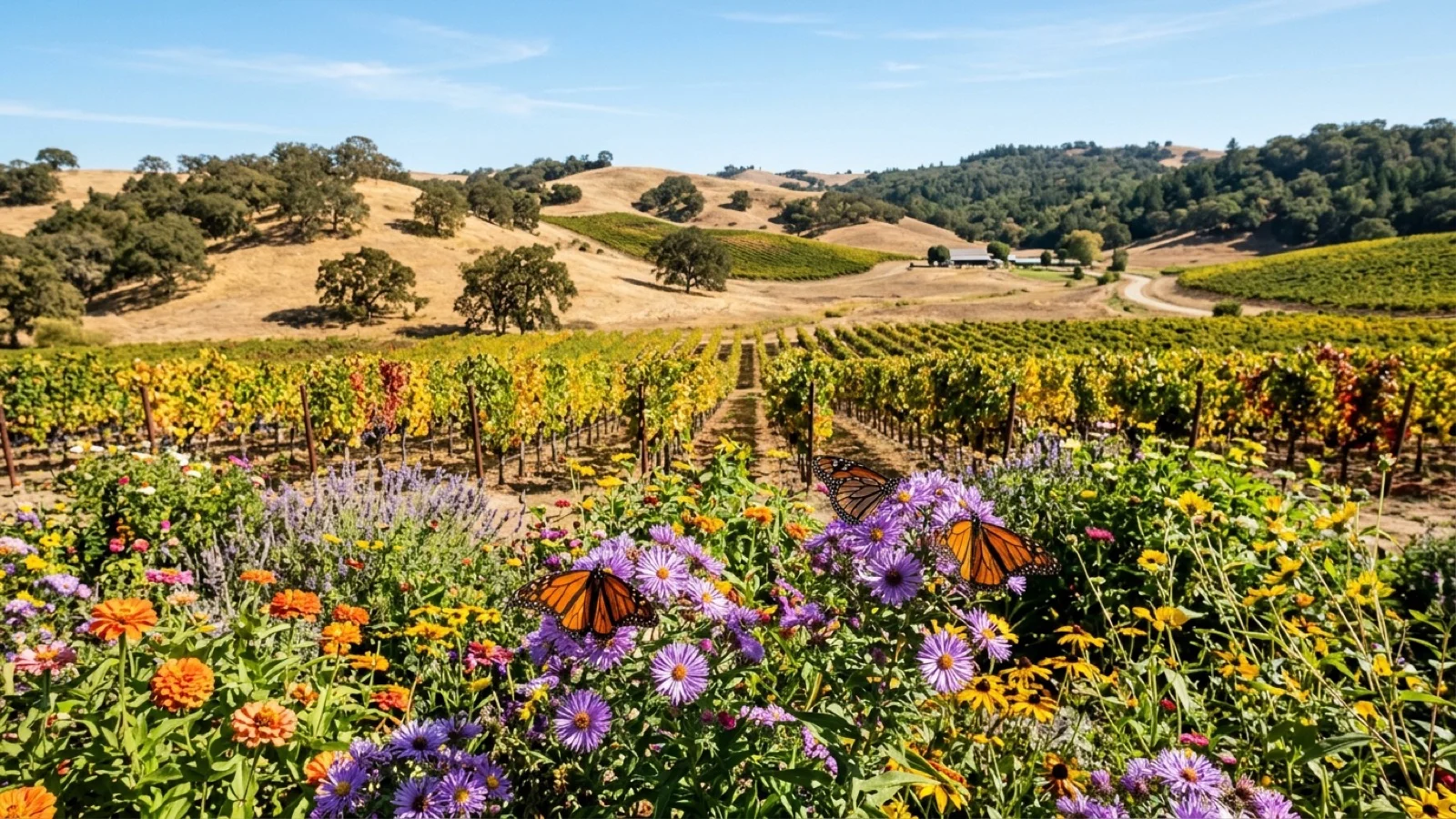 Sunny Napa Valley garden with monarch butterflies on purple asters and autumn grapevines stretching toward rolling hills