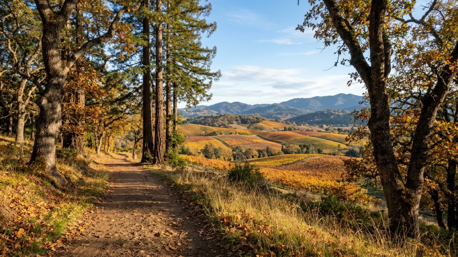 Mature oak and redwood trees bordering a dirt walking trail above autumn vineyards in Napa Valley