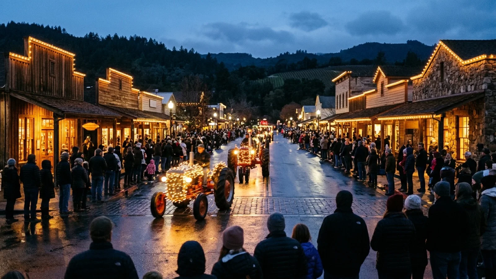 Evening view of historic Lincoln Avenue in downtown Calistoga illuminated with winter lights and agricultural tractors