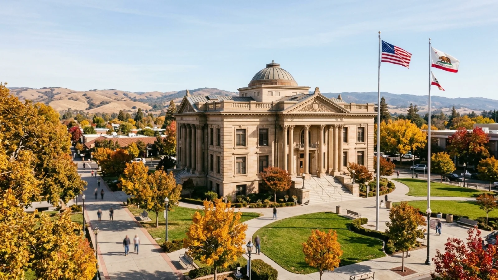 Historic Napa County courthouse plaza and civic buildings surrounded by autumn foliage in downtown Napa, California