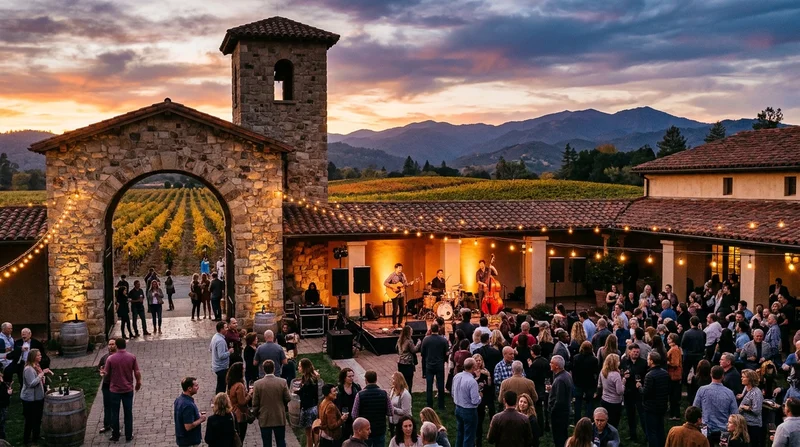 Mission-style archway and vineyard courtyard at an Oakville winery in Napa Valley at sunset with an outdoor stage and warm lights