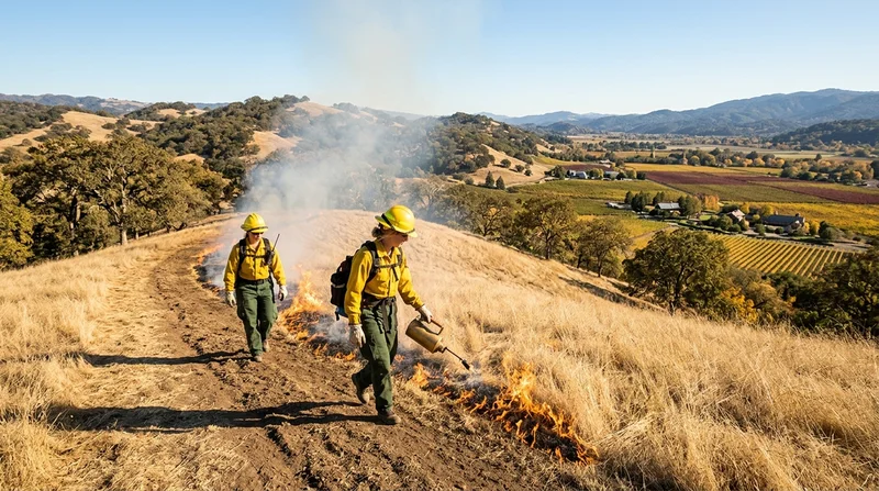 Firefighters conducting a prescribed burn across grass and oak woodland ridges near Soda Canyon Road in east Napa