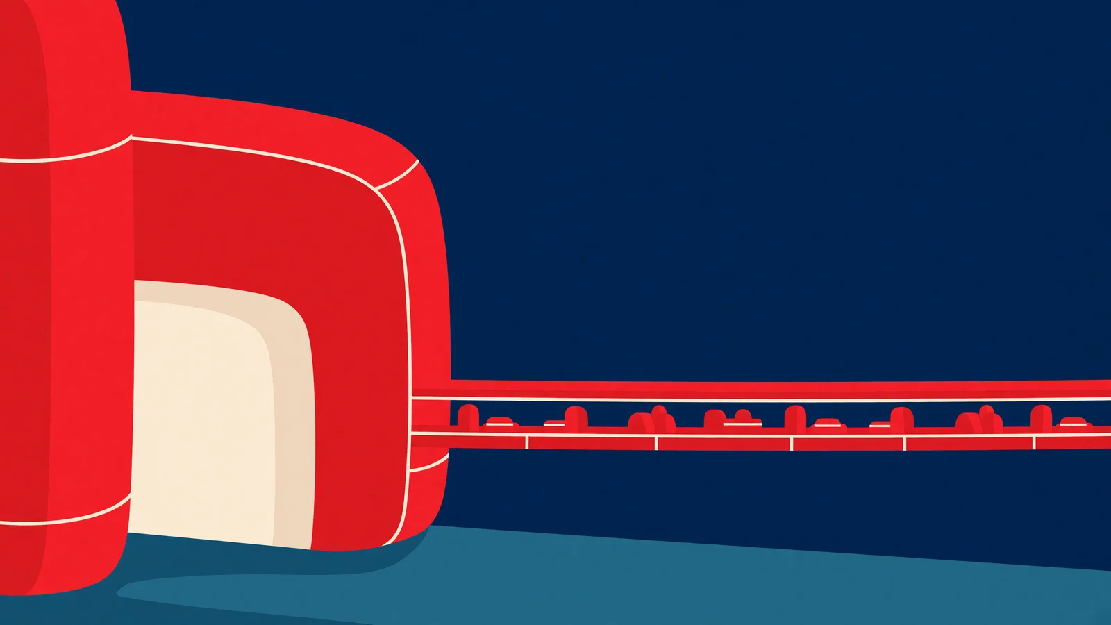 Large red geometric inflatable structure on left with long horizontal red band and small shapes extending right across dark blue field, teal ground plane at bottom