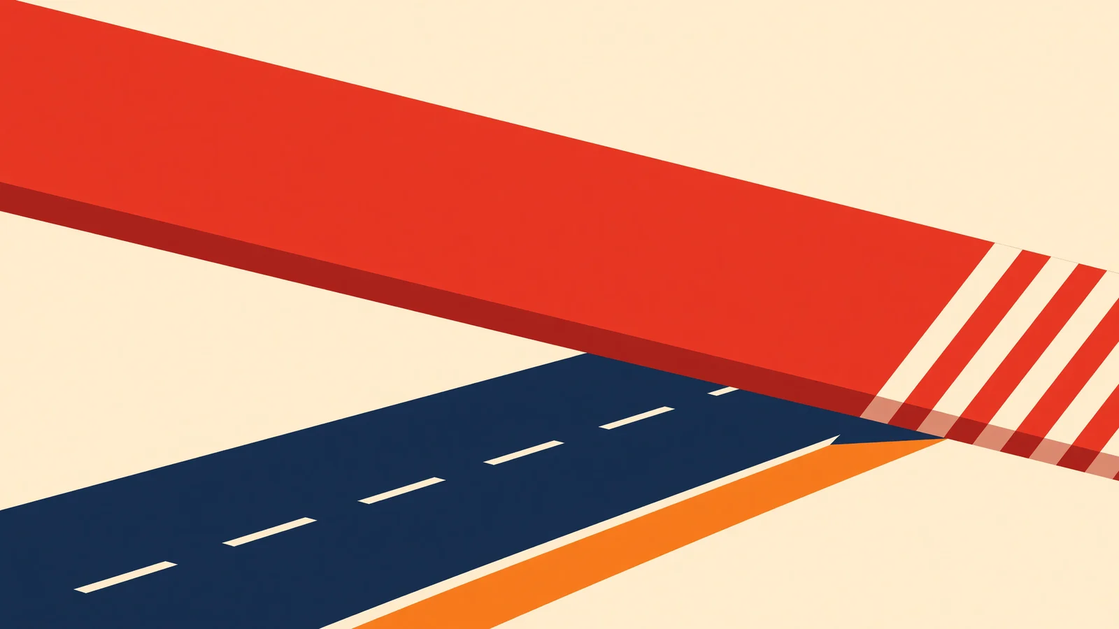 Flat red geometric barrier with white stripes crosses over a dark blue road with white dashed lines and orange edge on light beige background