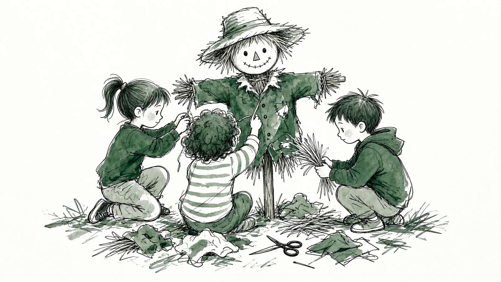 Ink line drawing with green washes of three children kneeling around a scarecrow on grass, fabric scraps and scissors visible on the ground, white background
