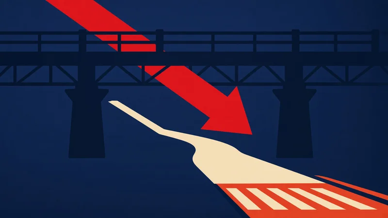 Dark blue field with black bridge truss silhouette crossed by thick red diagonal bars and a large downward red arrow, beige path line curving from lower left to red-and-white striped area at bottom right.