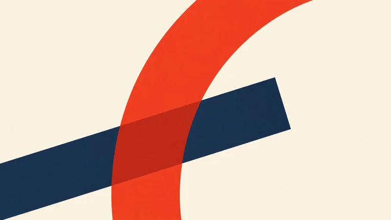 Bold red curved band overlapping a dark blue rectangular bar on a light cream background, forming a simple geometric intersection.