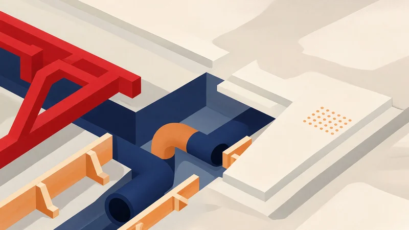 Isometric view of red structural beams, dark blue pipes with orange elbow fittings, light wooden formwork pieces, and a white platform with a grid of orange dots on a light background.