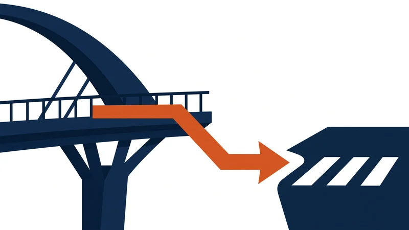 Geometric dark blue bridge silhouette on left with bold orange arrow curving down-right to dark blue crossing shape with white stripes, on plain white background
