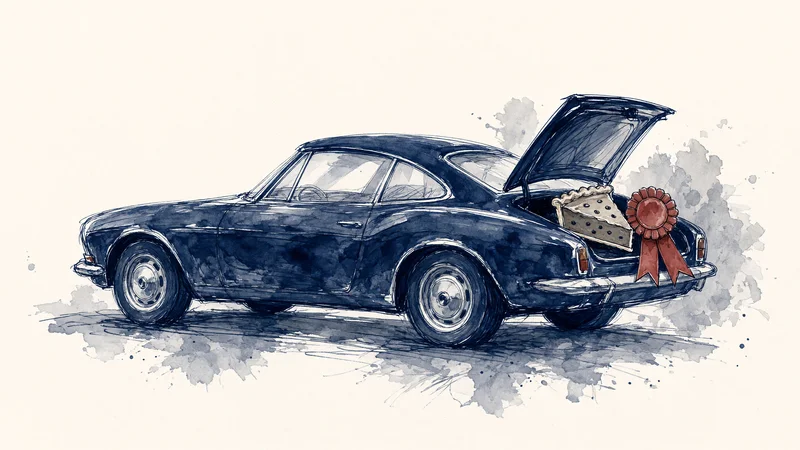 Ink illustration of a dark blue vintage coupe viewed from the side with open trunk, a pie slice and red award ribbon visible inside, on light background with ink washes and splatters