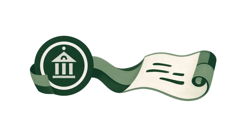 Dark green circular seal with white building icon of columns and pediment, attached to flowing green ribbon extending into white scroll with three horizontal lines, on white background
