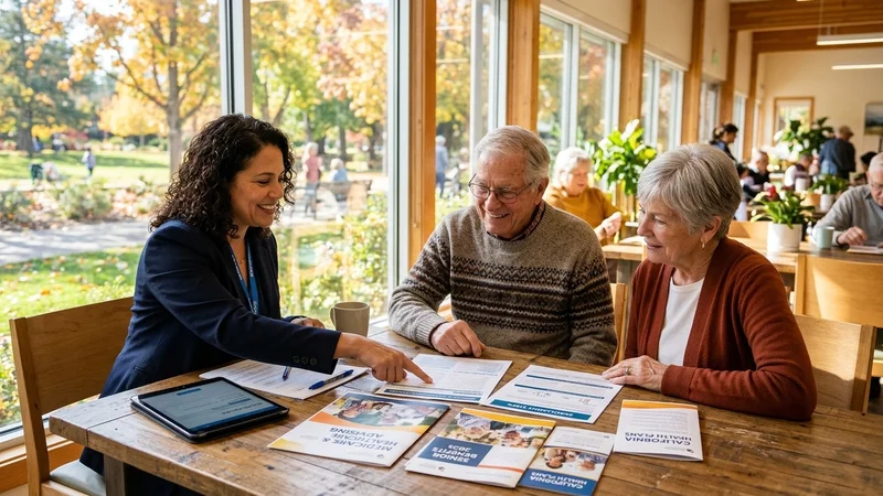 Senior couple consulting with a healthcare benefits advisor at a bright community center in Walnut Creek, California