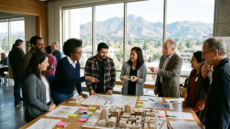 Community urban planning workshop in downtown Walnut Creek with architectural scale models and Mount Diablo visible through large windows