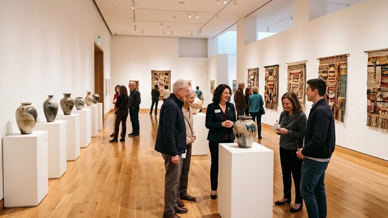 Visitors admiring contemporary ceramic sculptures and woven textile art inside the bright Bedford Gallery at the Lesher Center in Walnut Creek California