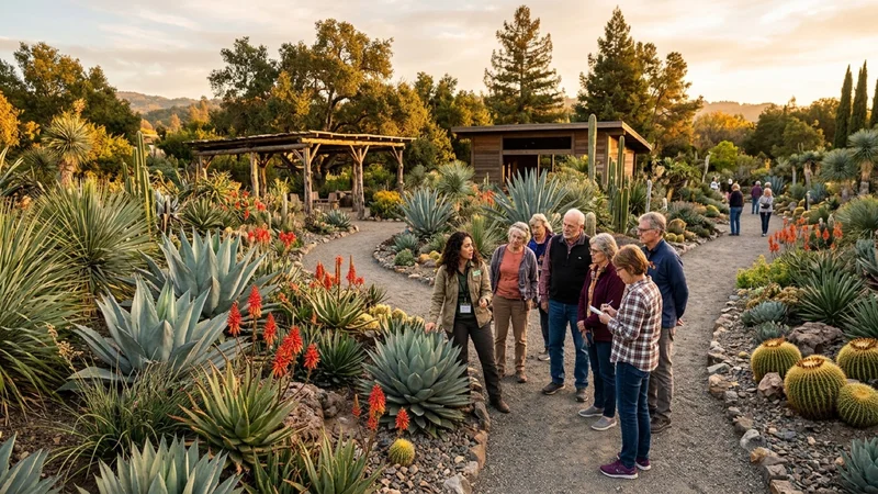 Visitors and a horticulturist walking along gravel paths through sculptural agaves and succulents at Ruth Bancroft Garden in Walnut Creek California