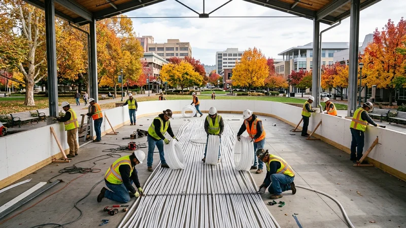 Workers assembling the seasonal outdoor ice skating rink chiller pipes and wooden perimeter boards at Civic Park in Walnut Creek