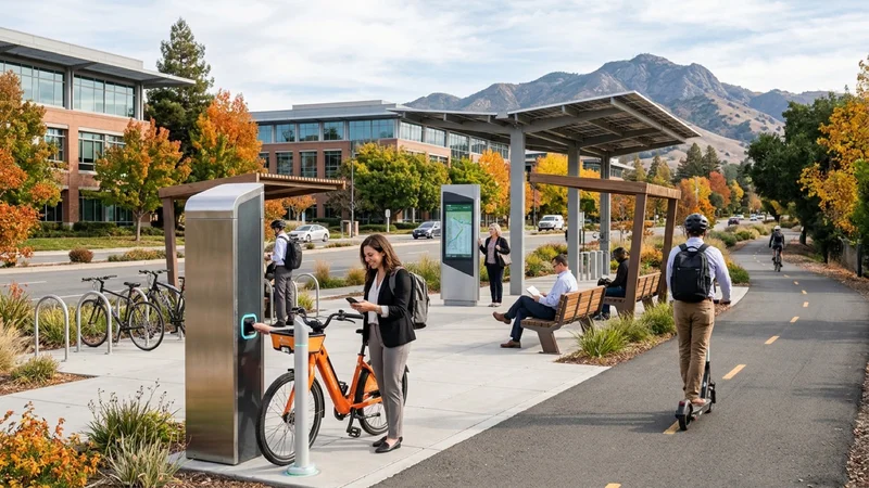 Commuters and cyclists using a newly installed micromobility hub with electric bike-share docks and solar transit signage along Mitchell Drive in Walnut Creek