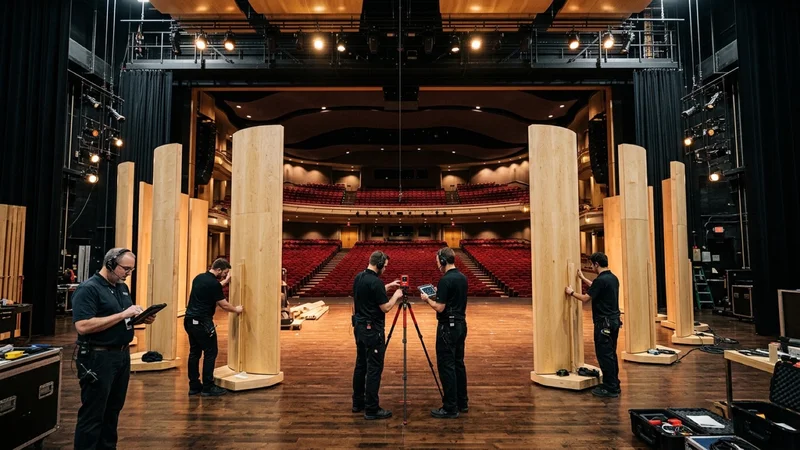 Stage technicians and acoustical engineers adjusting modular wood-veneer orchestra acoustic shell towers on the Hofmann Theatre stage in Walnut Creek
