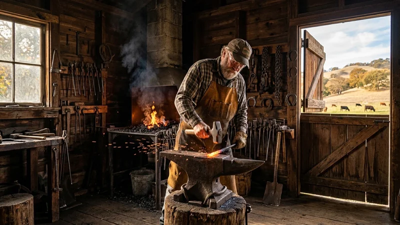 Park docent in heritage work apron demonstrating traditional ironwork on an anvil inside the historic wooden blacksmith shop at Old Borges Ranch in Walnut Creek
