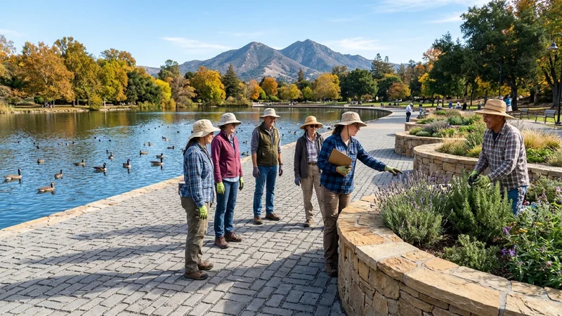 Landscape architects and community volunteers inspecting newly laid permeable paving stones and sensory raised stone planters along the lakeside path at Heather Farm Park