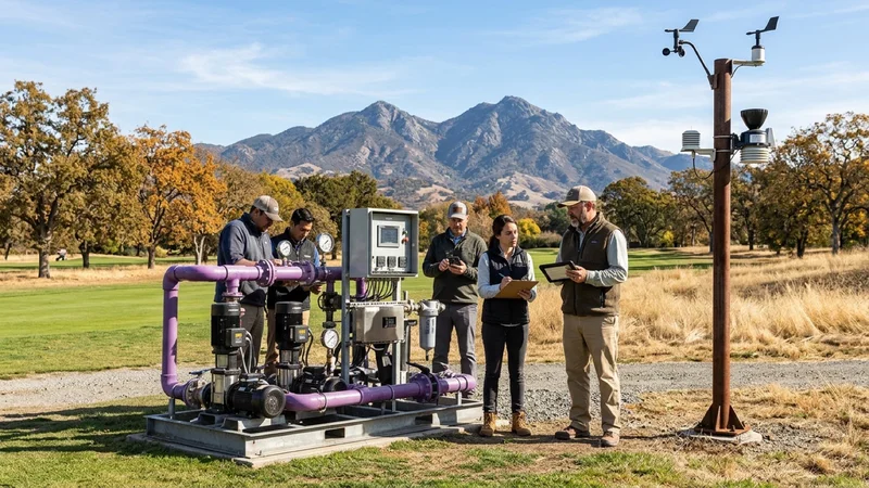 Golf course superintendents and recycled-water engineers inspecting a weather-linked smart irrigation pump station at Boundary Oak Golf Course in Walnut Creek