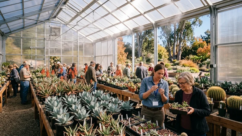 Botanists and gardeners examining rare agaves, aloes, and flowering succulents inside a polycarbonate greenhouse at the Ruth Bancroft Garden in Walnut Creek