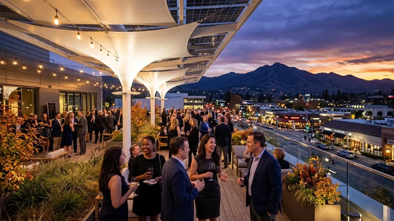 Arts patrons and architects beneath a sculpted white acoustic shade canopy with integrated solar glass panels and warm lighting on the outdoor terrace of the Lesher Center for the Arts in Walnut Creek