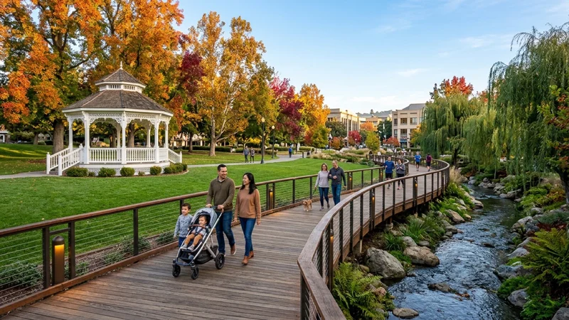 Walnut Creek families strolling along a wooden creek-overlook boardwalk with warm-amber bollard lights beside the restored white Victorian gazebo and San Ramon Creek at Civic Park